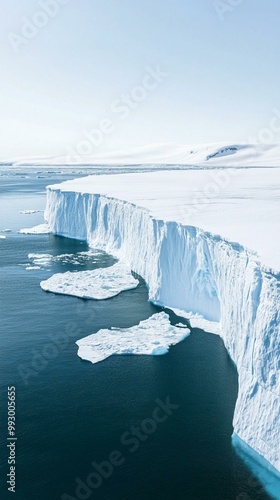 A stunning view of a snow-covered glacier, with icebergs floating in the clear blue water