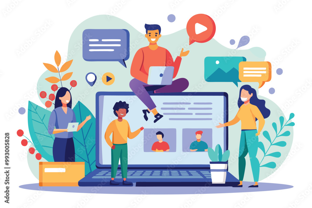 A group of diverse individuals engages in a dynamic webinar, utilizing laptops and sharing ideas collaboratively, Customizable semi flat illustration for webinars A group of diverse individuals engages in a dynamic webinar, utilizing laptops and sharing ideas collaboratively, Customizable semi flat illustration for webinars