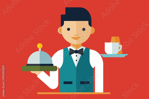 A waiter in a tuxedo holding a covered dish and serving drinks at a dining establishment, Customizable semi-flat illustration for waiters.