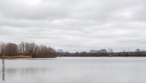 A calm lake sits still in the foreground, with bare autumn trees lining the distant shore, their branches tinged with the last of the season's colors.