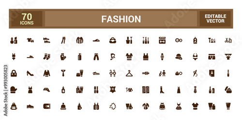 Set of icons related to fashion, cawing, clothing, dress. Solid icon collection. Glyph for web and ui. Filled fashion icon pack. Solid icon set. Vector illustration.