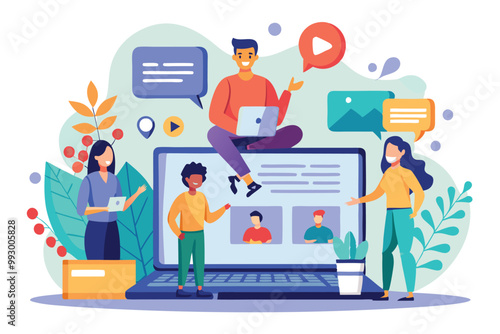 A group of diverse individuals engages in a dynamic webinar, utilizing laptops and sharing ideas collaboratively, Customizable semi flat illustration for webinars
