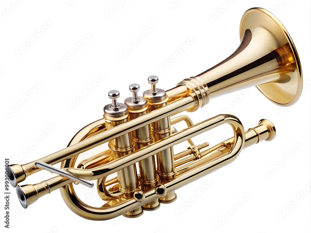 Obraz premium Golden trumpet, shiny brass instrument, music equipment, jazz horn