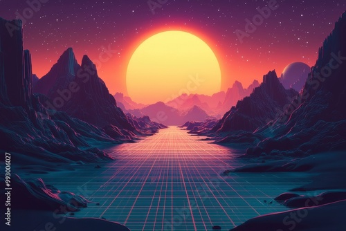 A Cyberpunk-Style Landscape With a Large Yellow Sun and Glowing Pink Grid