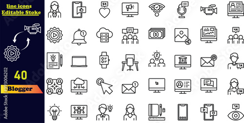 Blogger stroke icon collection, featuring icons for blogging. Editable outline web icon set with simple line illustrations.