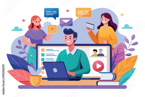 A person interacts with attendees during a live webinar, discussing topics and sharing visual content, Customizable semi flat illustration for webinars