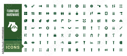 Furniture hardware isolated solid icons set. Set of carpenter fasteners, glyph icon collection for web and ui. Filled icon pack. Solid icon set. Vector illustration.