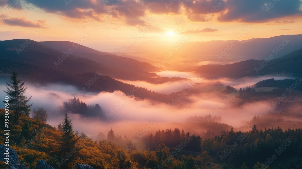 Naklejka premium hazy panorama of the landscape. Wonderfully surreal dawn on rugged peaks, offering a glimpse of the foggy valley beneath. cloud cover above the forest. A view of the fanciful countryside below. 