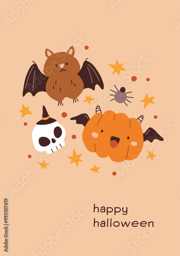 Happy Halloween, greeting card, funny kids design with cute adorable smiling ...