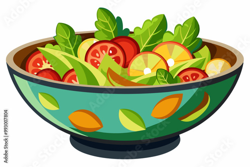 A colorful bowl containing a fresh vegetable salad with tomato slices, leafy greens, and citrus slices, symbolizing nutritious and healthy eating with a touch of vibrant flavor.