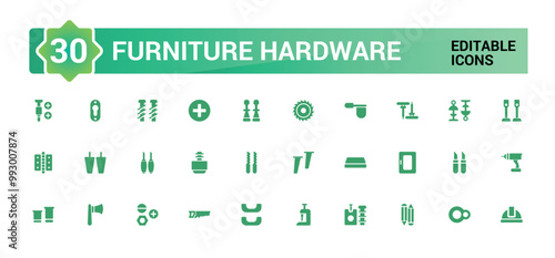 Furniture hardware isolated solid icons set. Set of carpenter fasteners, glyph icon collection for web and ui. Filled icon pack. Solid icon set. Vector illustration.