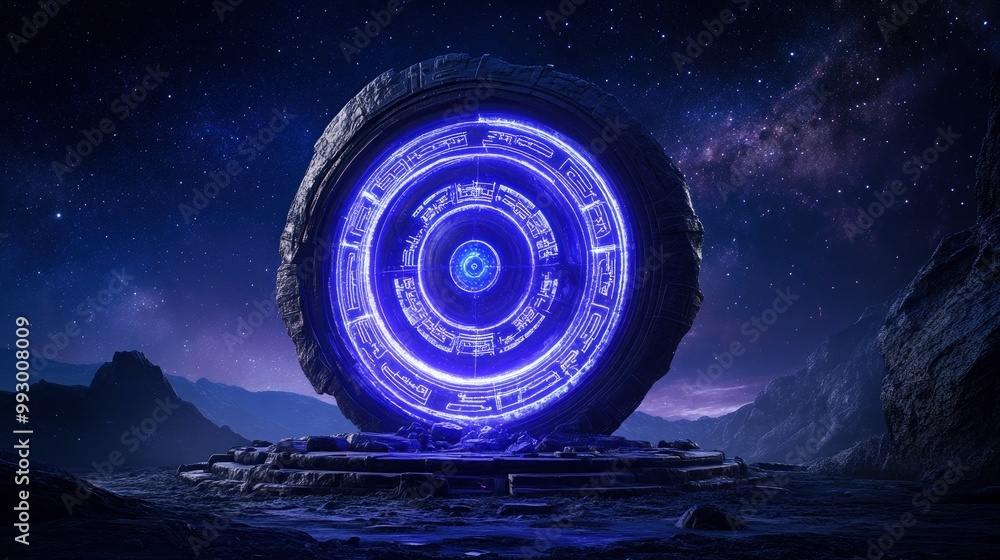 Fototapeta premium Mysterious ancient portal under a starry night sky with glowing symbols