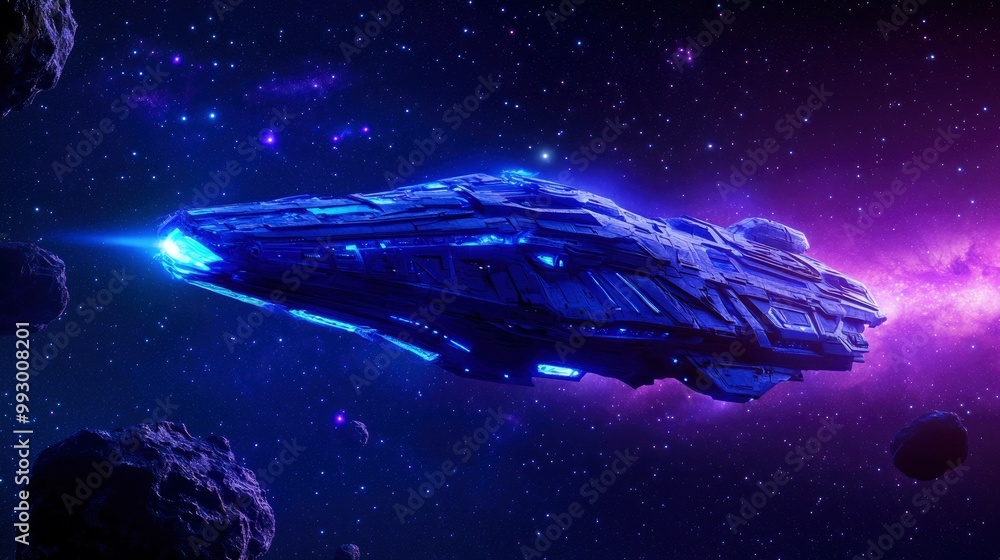 Futuristic spacecraft traveling through deep space amidst asteroids and stars Futuristic spacecraft traveling through deep space amidst asteroids and stars