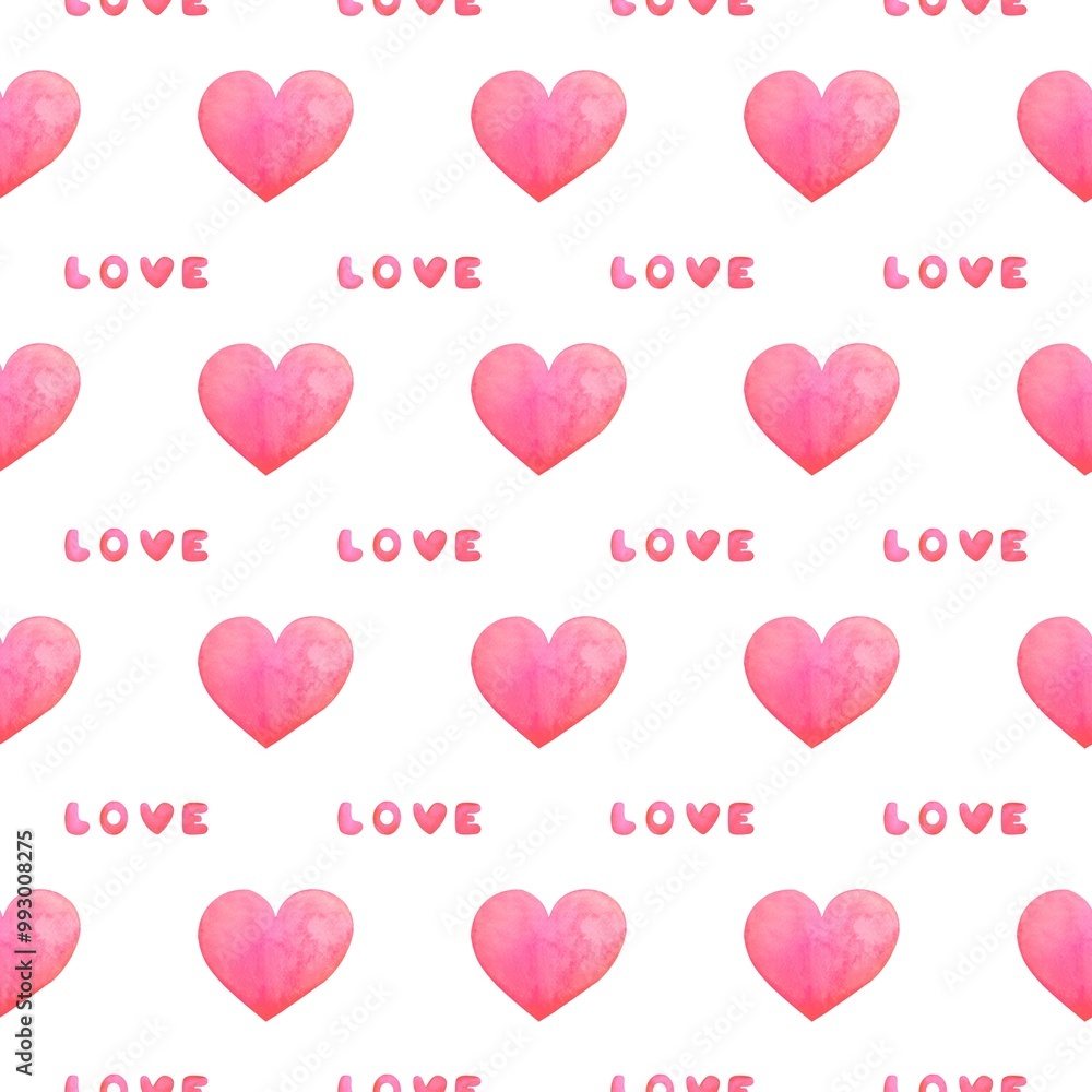 cute watercolor romantic seamless pattern with hearts and love text for Valentines day. Watercolor illustration on white background for packaging paper, fabrics, wrapping gifts, scrapbooking cute watercolor romantic seamless pattern with hearts and love text for Valentines day. Watercolor illustration on white background for packaging paper, fabrics, wrapping gifts, scrapbooking