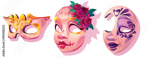 Carnival and theatre face mask decorated with red rose flowers, golden and purple ornament. Cartoon vector illustration set of glamour Venice or Mardi Gras masquerade and festival costume element.