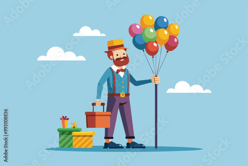 A cheerful man stands holding vibrant balloons next to presents with a sunny backdrop of clouds, Customizable flat illustration of a balloon seller.