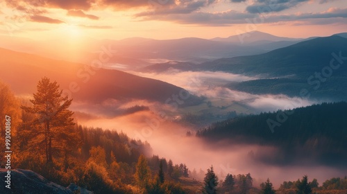 hazy panorama of the landscape. Wonderfully surreal dawn on rugged peaks, offering a glimpse of the foggy valley beneath. cloud cover above the forest. A view of the fanciful countryside below. 