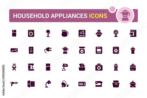 Household appliances icons set. Set of Home, Kitchen, Dishwasher filled icon set. Glyph icon set for web and ui. Solid icon set. Vector illustration.