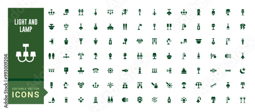 Light and lamps solid icons set. Set of Light bulb, spotlight, street light filled icon set. glyph for web and ui. Solid lamp icon set. Vector illustration.