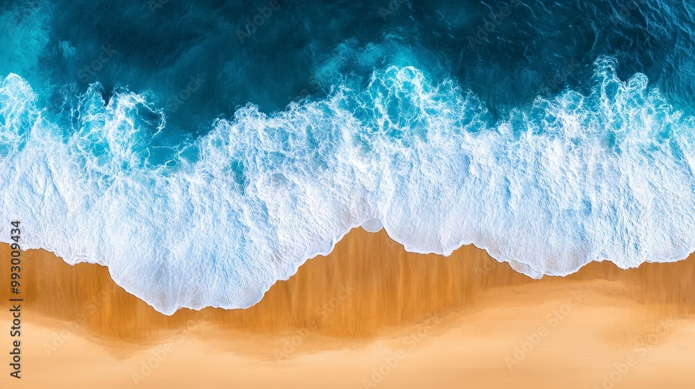 Aerial view of ocean waves crashing onto sandy beach shoreline Aerial view of ocean waves crashing onto sandy beach shoreline