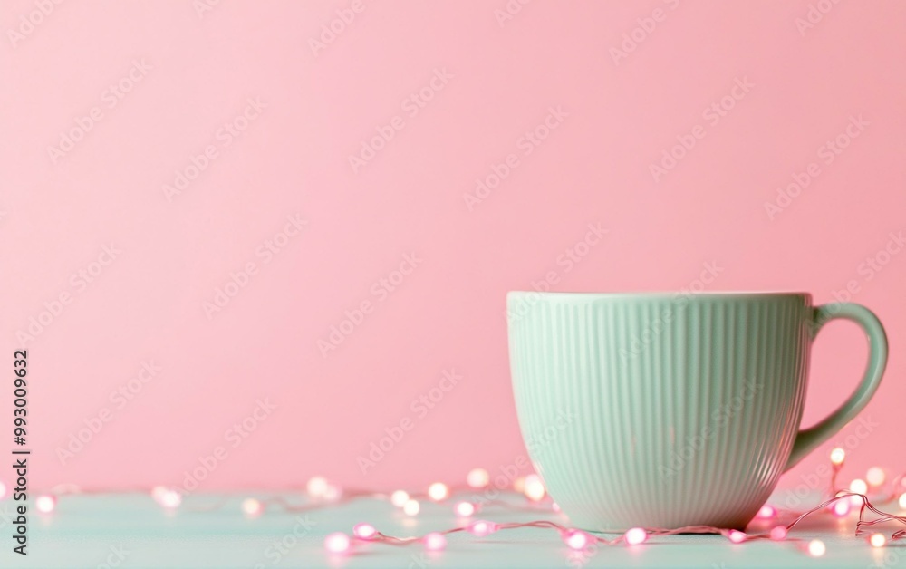 A beautiful mint green cup sits elegantly against a soft pink background, surrounded by soft glowing lights, creating a cozy and inviting atmosphere perfect for any beverage. A beautiful mint green cup sits elegantly against a soft pink background, surrounded by soft glowing lights, creating a cozy and inviting atmosphere perfect for any beverage.