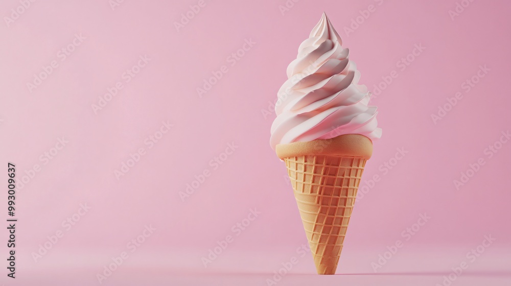Close-up of a single scoop of vanilla ice cream in a waffle cone, set against a soft pink background. Close-up of a single scoop of vanilla ice cream in a waffle cone, set against a soft pink background.