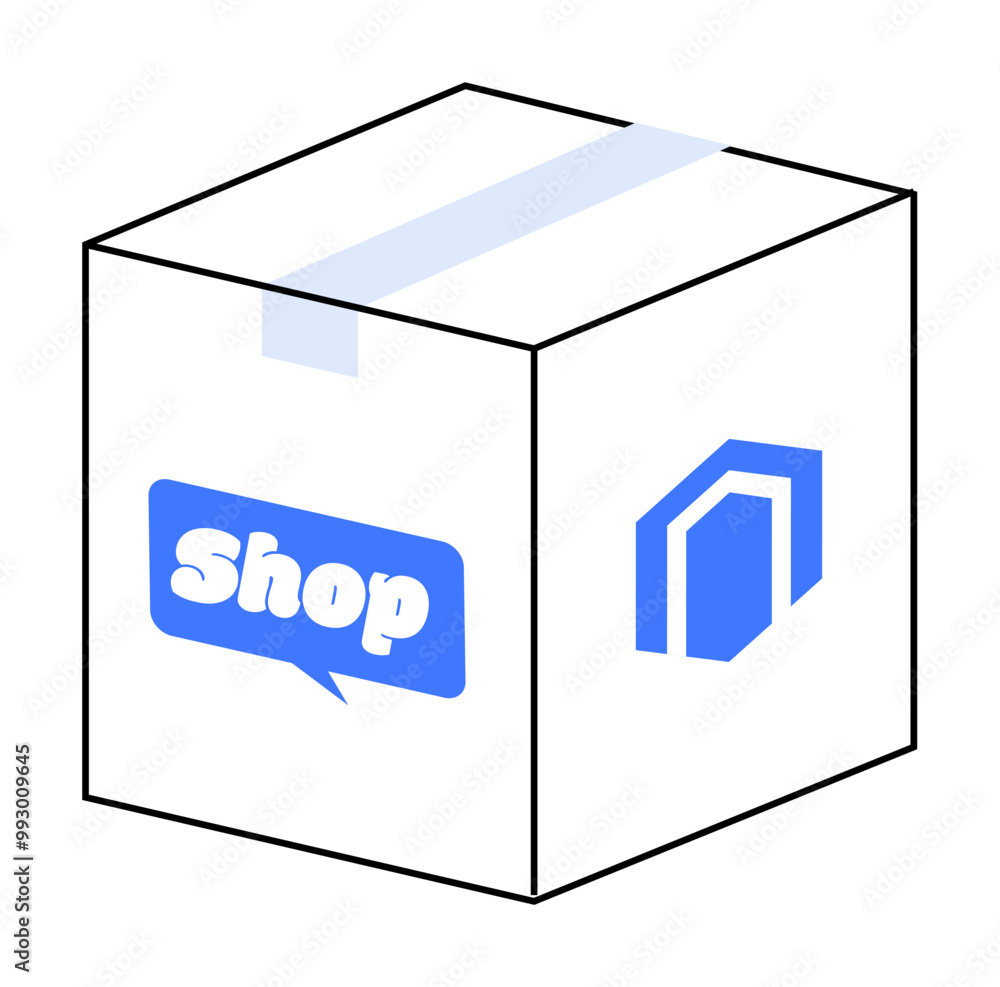 A box with shop commerce and box logos in blue and white colors, sealed with tape on the top. Ideal for e-commerce, shipping, branding, web shops, delivery and online retail themes. A box with shop commerce and box logos in blue and white colors, sealed with tape on the top. Ideal for e-commerce, shipping, branding, web shops, delivery and online retail themes.