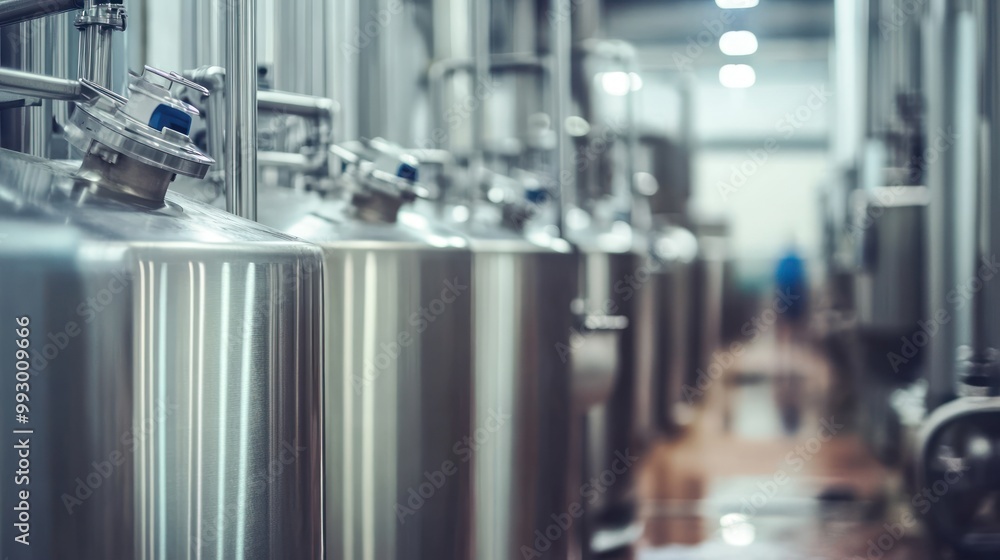 A row of metallic fermentation tanks in an industrial setting. A row of metallic fermentation tanks in an industrial setting.