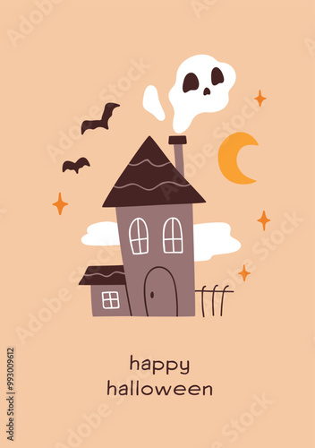 Halloween card design. Cute spooky ghost over creepy haunted house, festive O...