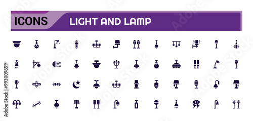 Light and lamps solid icons set. Set of Light bulb, spotlight, street light filled icon set. glyph for web and ui. Solid lamp icon set. Vector illustration.