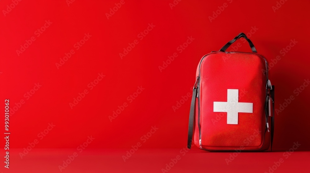 Red first aid kit bag on vibrant red background with white cross Red first aid kit bag on vibrant red background with white cross