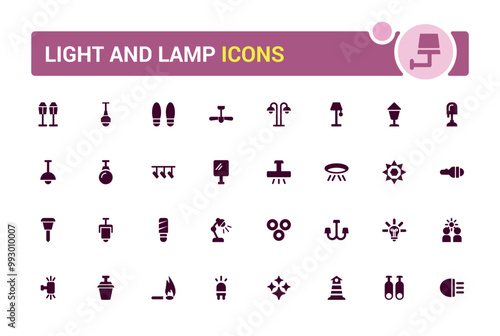 Light and lamps solid icons set. Set of Light bulb, spotlight, street light filled icon set. glyph for web and ui. Solid lamp icon set. Vector illustration.