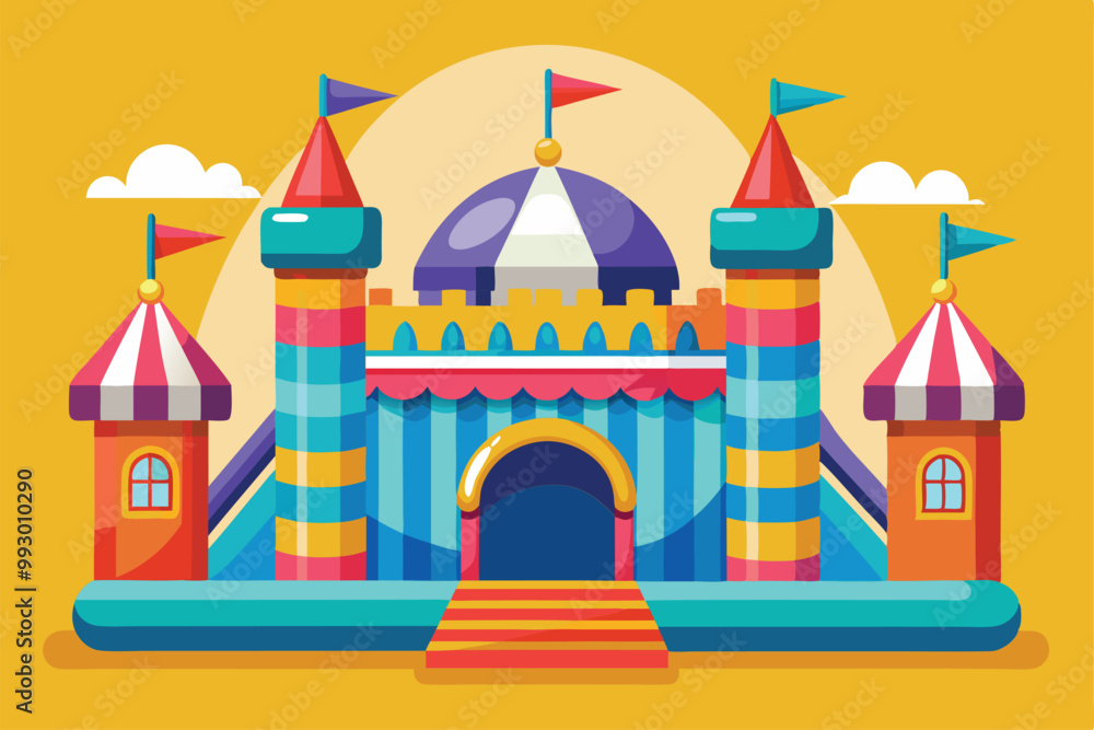 Fototapeta premium A vibrant bouncy castle design features bright colors and playful architecture perfect for kids' events and parties, Customizable semi-flat illustration of a bouncy castle.
