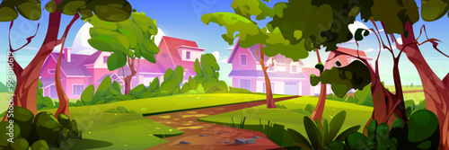 View on suburban landscape from forest with green trees and grass, soil path leading to family houses with yards. Cartoon vector illustration of suburb countryside neighborhood scene with cottages.