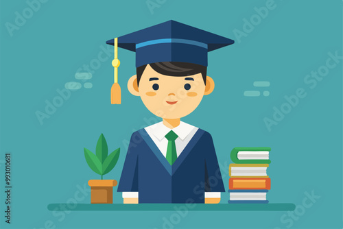 A young boy proudly wears a graduation cap and gown, surrounded by books and a plant, Customizable semi-flat illustration of a boy graduating.