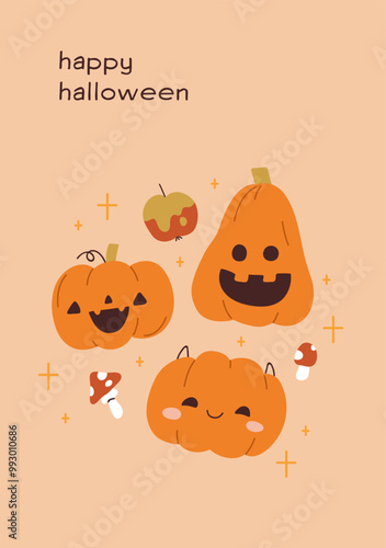 Happy Halloween, greeting card design. Cute smiling pumpkins, haunted creepy ...