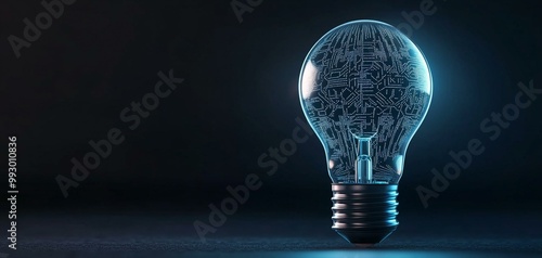 A glowing light bulb with intricate circuit designs, symbolizing innovation and smart technology against a dark background. photo