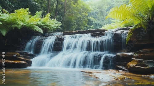 A serene waterfall cascading over rocks into a clear pool below, surrounded by lush green trees and ferns, highlighting the beauty of nature