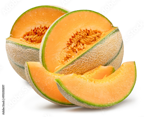 Cantaloupe melons with melon slices isolated on white background. File contains clipping path.