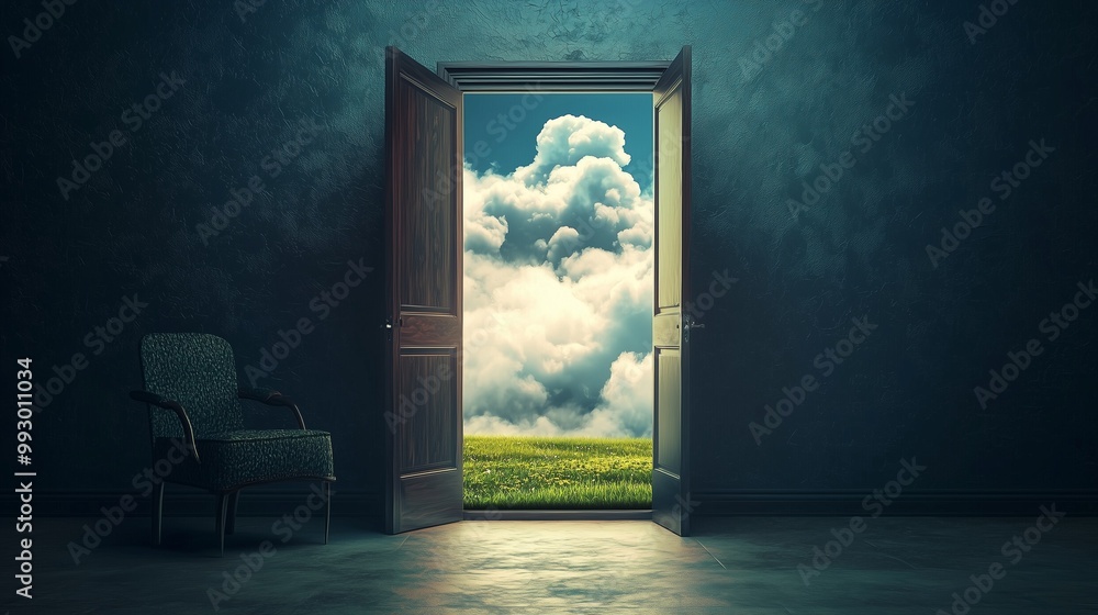 Open doors revealing cloudy sky and grassy field with armchair in dark room. Open doors revealing cloudy sky and grassy field with armchair in dark room.
