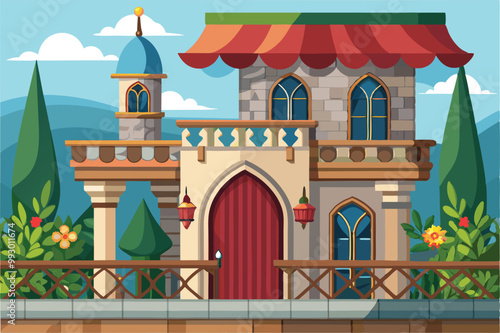 A colorful castle design features a grand entrance and charming details, set against lush greenery, Customizable flat illustration of a castle