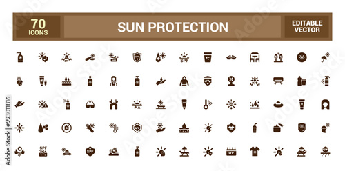 Sun protection icon set. Sunscreen, sun block, beach umbrella and more solid icons. Filled icon set. Glyph icon set for web and ui. Vector illustration.
