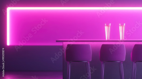 Modern bar with neon lights and two glasses on counter photo