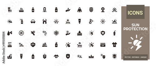 Sun protection icon set. Sunscreen, sun block, beach umbrella and more solid icons. Filled icon set. Glyph icon set for web and ui. Vector illustration.