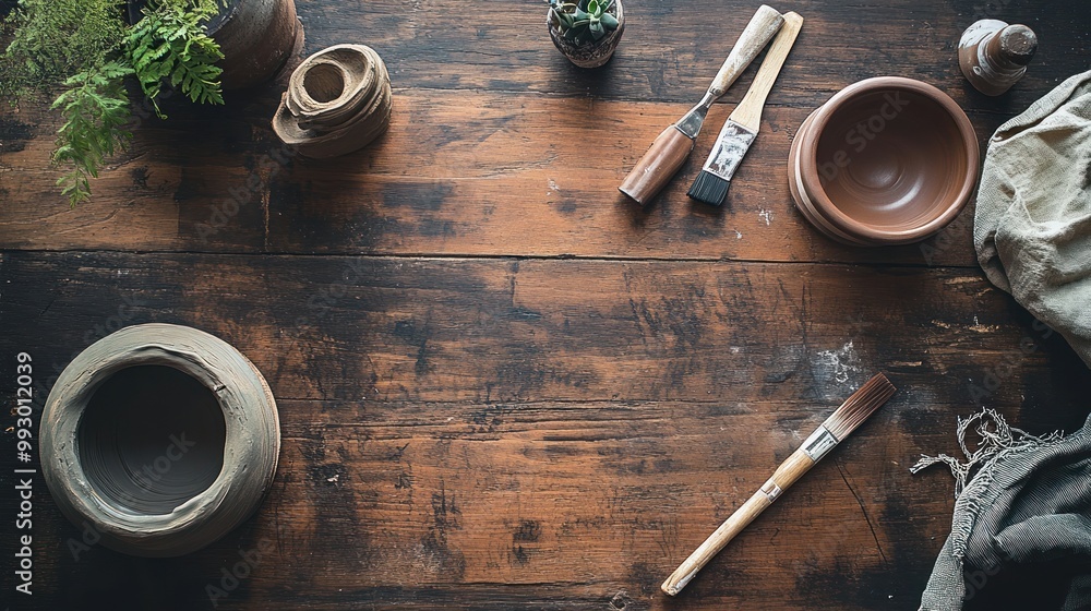 Naklejka premium A workspace with pottery tools, clay, and brushes on a wooden table for crafting.