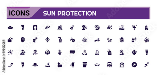 Sun protection icon set. Sunscreen, sun block, beach umbrella and more solid icons. Filled icon set. Glyph icon set for web and ui. Vector illustration.