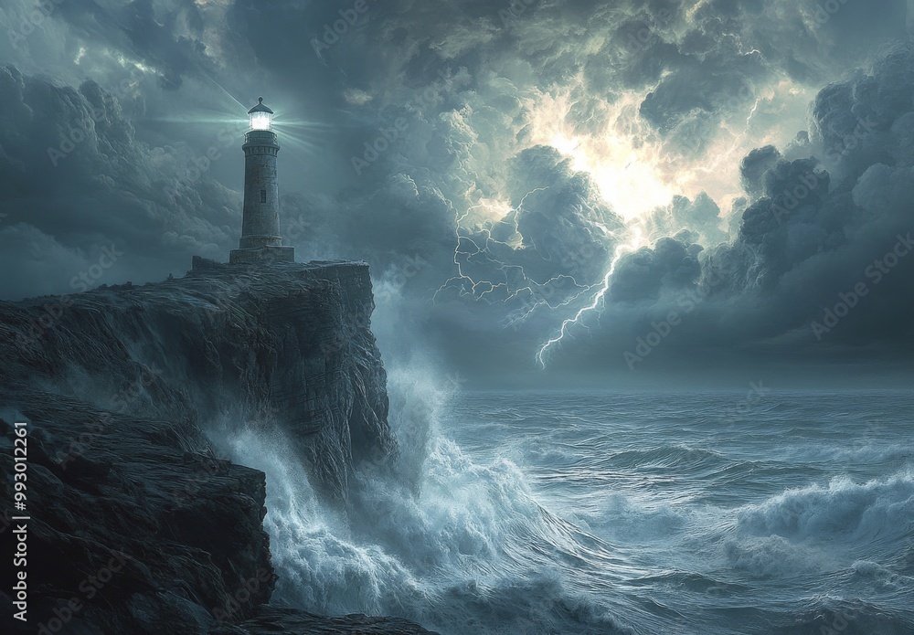 Lighthouse stands tall on a cliff, a beacon against stormy sea and sky. Lighthouse stands tall on a cliff, a beacon against stormy sea and sky.