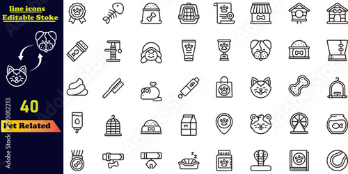 Simple set of pet service-related stroke line icons, including icons such as emotional support dog, restriction sign, pet transportation pictogram, and more. Editable stroke collection.