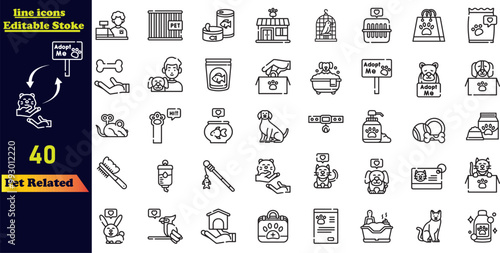 Simple set of pet service-related stroke line icons, including icons such as emotional support dog, restriction sign, pet transportation pictogram, and more. Editable stroke collection.