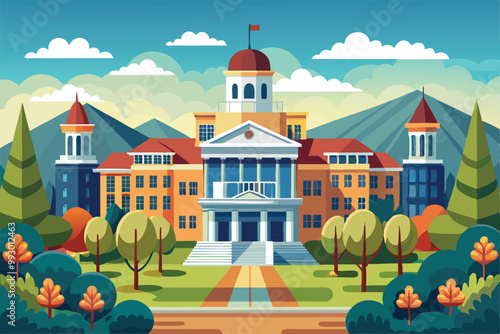 A vibrant college campus illustration features buildings and trees set against a mountain backdrop, Customizable semi-flat illustration of a college campus.